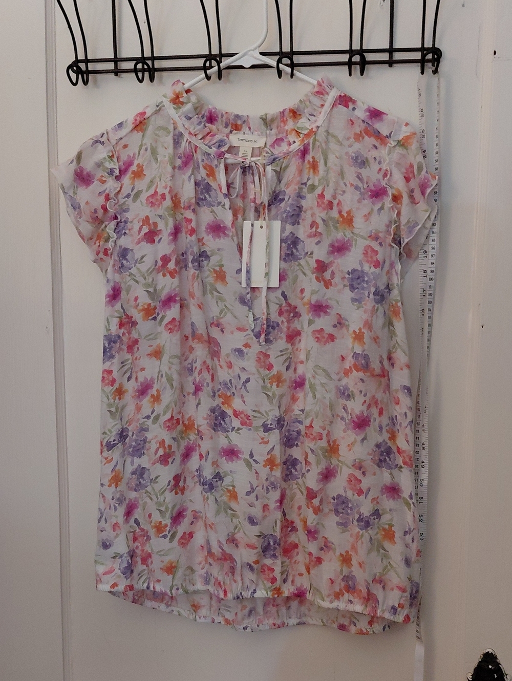 Tie-Neck Floral Short Sleeve Blouse - White Multi